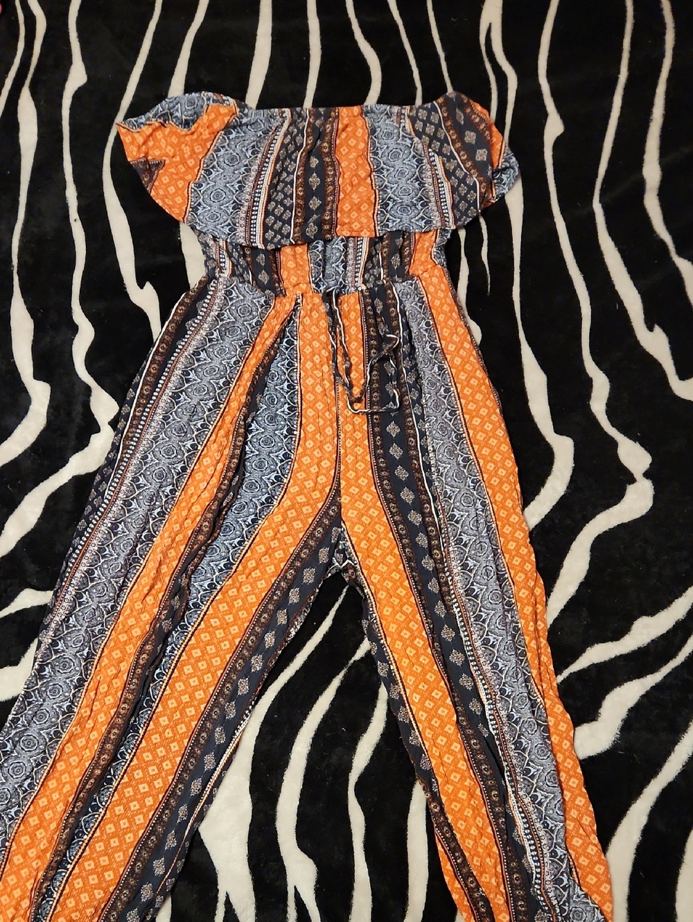 Rue21 Strapless Printed Jumpsuit in Orange & Navy